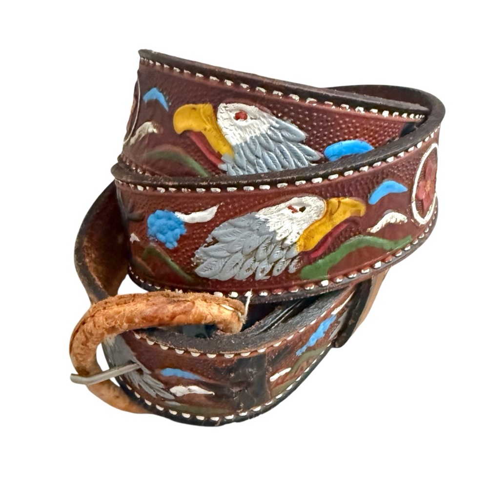Vintage Tooled + Painted Leather Men’s Eagle and Sky Motif Belt / Mexico